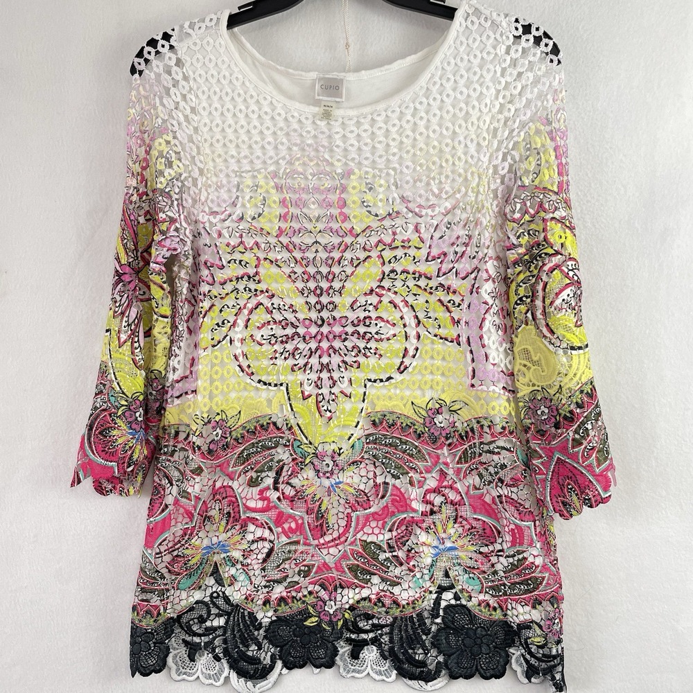 Cupio Crochet Lace‎ Tunic Women Medium White Pink Yellow  3/4 Sleeve